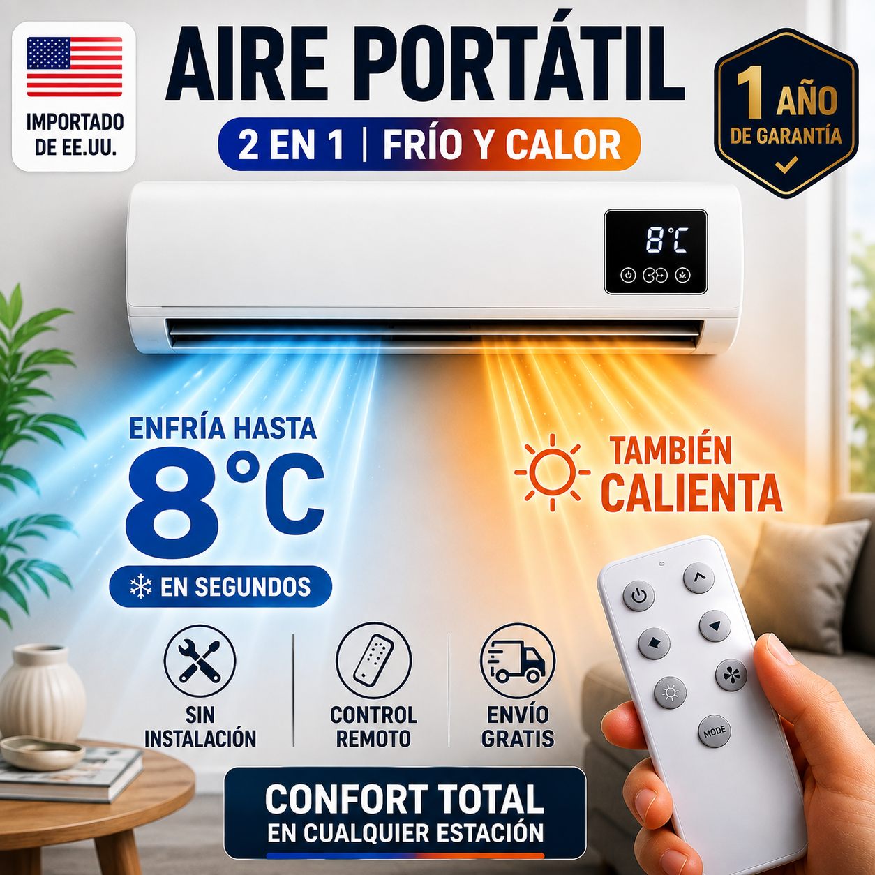 ❄️🔥 Aire Acondicionado Portátil 2 en 1 | Enfría hasta 8°C + Calienta | 1 Año de Garantía 🇺🇸